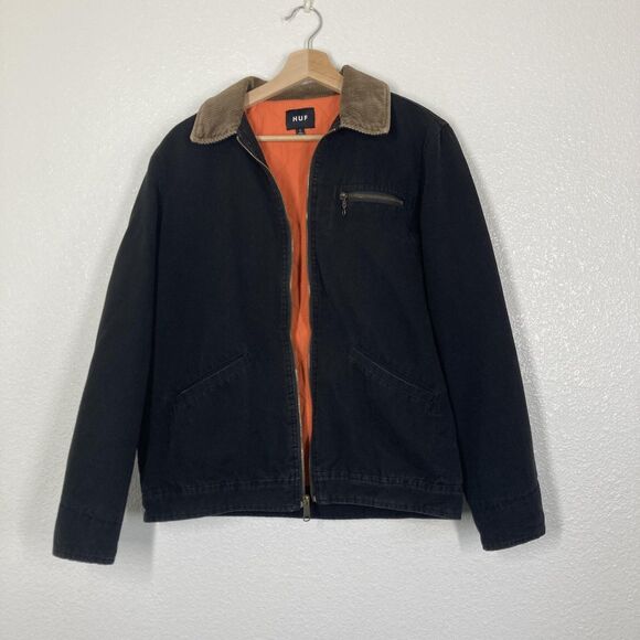HUF Barlow Jacket  Mens S Black Corduroy Collar Quilted Lined Worldwide Zip Up - Picture 2 of 16